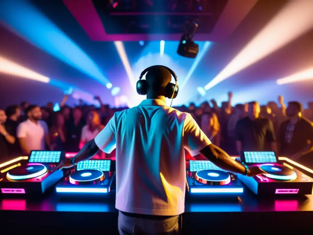 Un DJ en un club futurista de alta tecnología, manipulando la consola mientras el público disfruta de la música electrónica