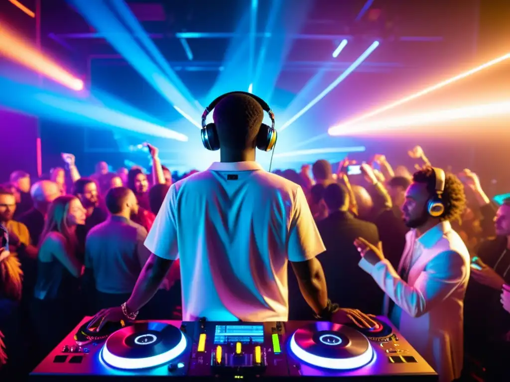 Un DJ en un club futurista y neón, rodeado de gente bailando, reflejando la energía de la cultura de la música electrónica
