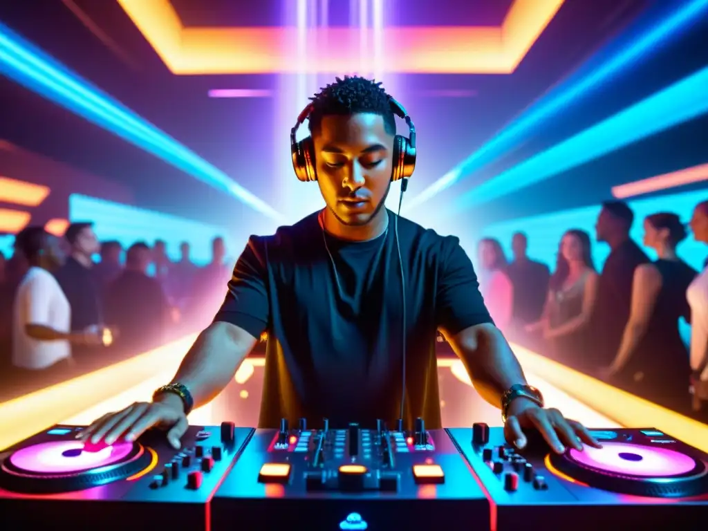 Un DJ en un club futurista, rodeado de equipo de audio de vanguardia y una multitud vibrante, creando una atmósfera tecnológica y emocionante