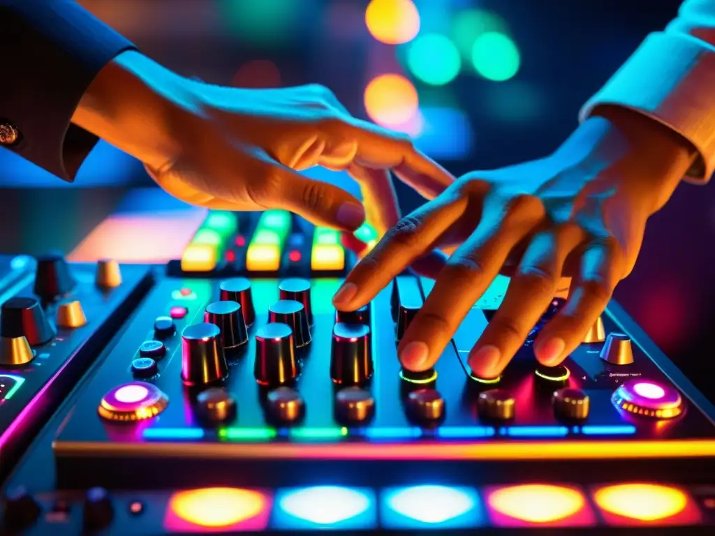 Un DJ manipula un controlador de música electrónica con luces LED coloridas, capturando la esencia dinámica y moderna de la producción musical