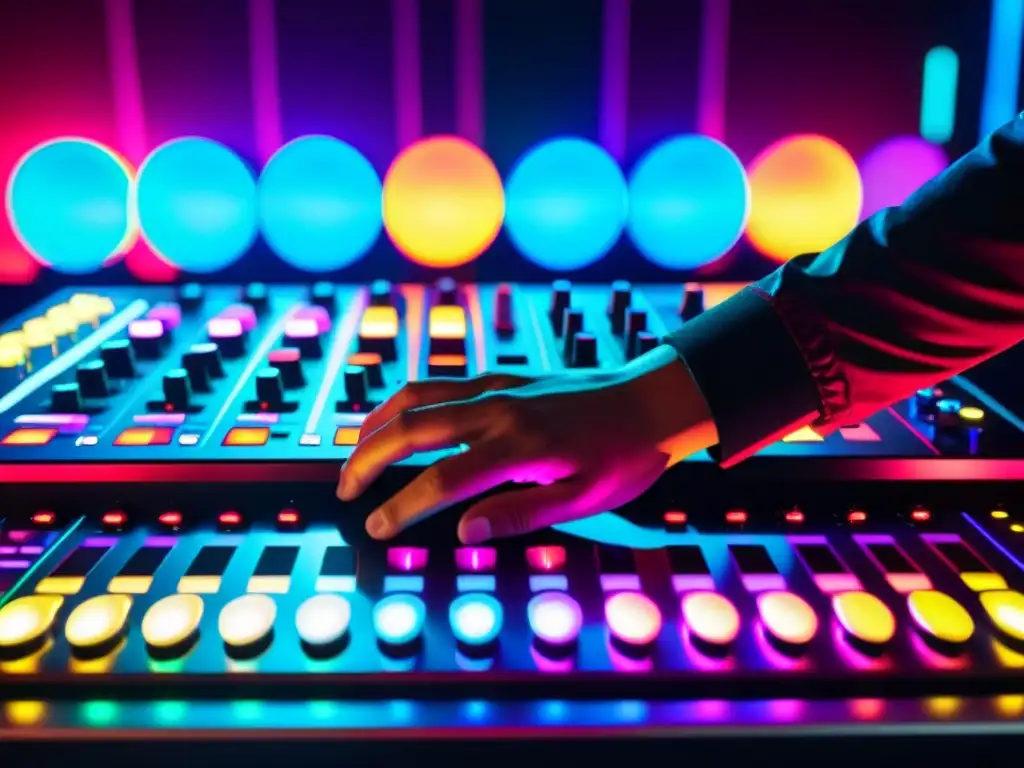 Un DJ ajusta con precisión los controles de una consola futurista, en medio de luces vibrantes