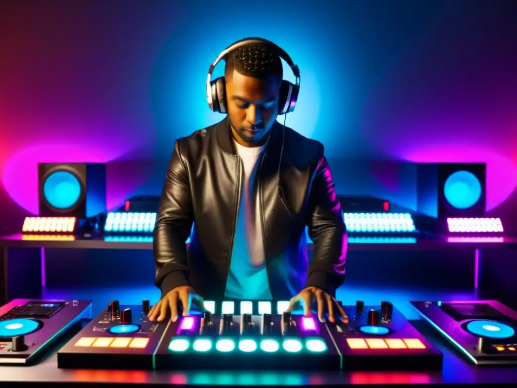 Un DJ ajusta controles en un estudio futurista, creando un remix