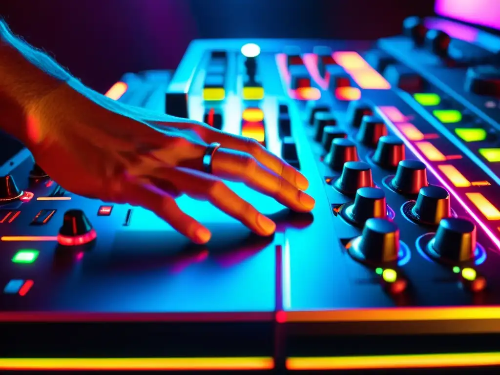 Un DJ ajusta controles en una mesa de mezclas digital, iluminada por luces neón