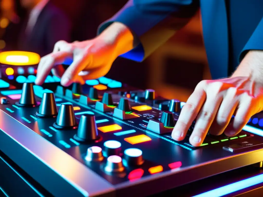 Un DJ ajusta los controles de su moderno equipo en un vibrante set en vivo, transmitiendo pasión y enfoque