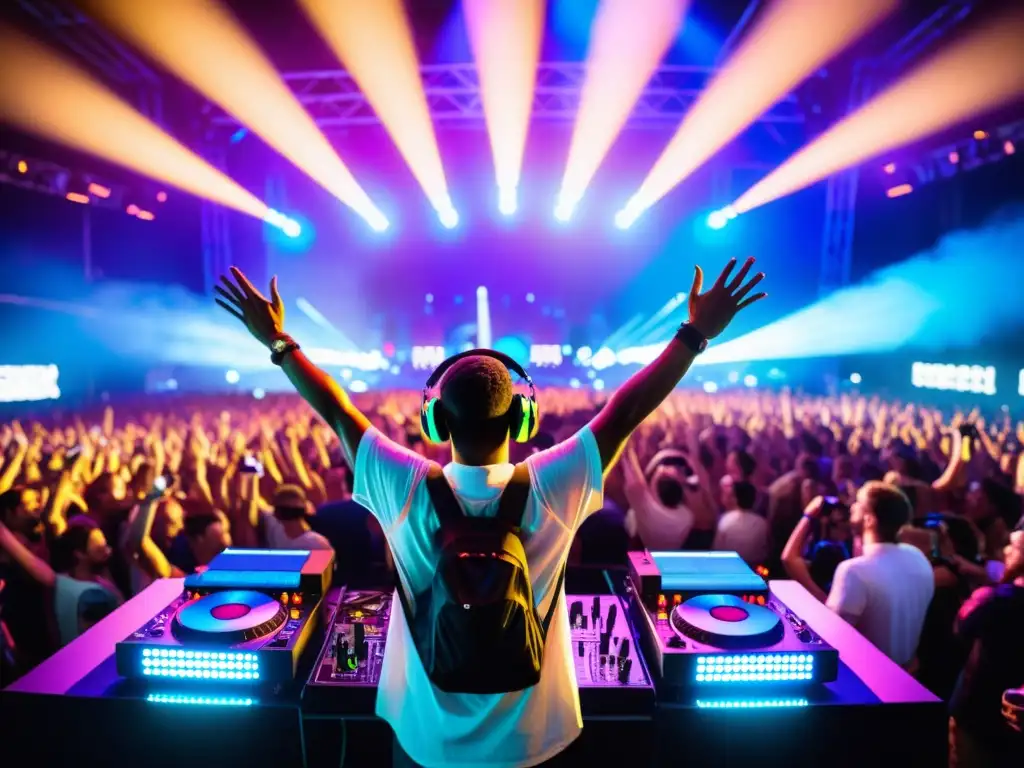 Un DJ enérgico encendiendo la multitud con luces de colores en un festival de música electrónica