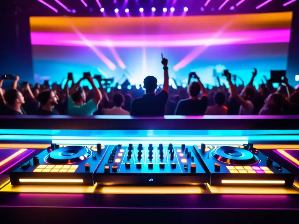 DJ en escenario futurista rodeado de luces vibrantes y fanáticos eufóricos
