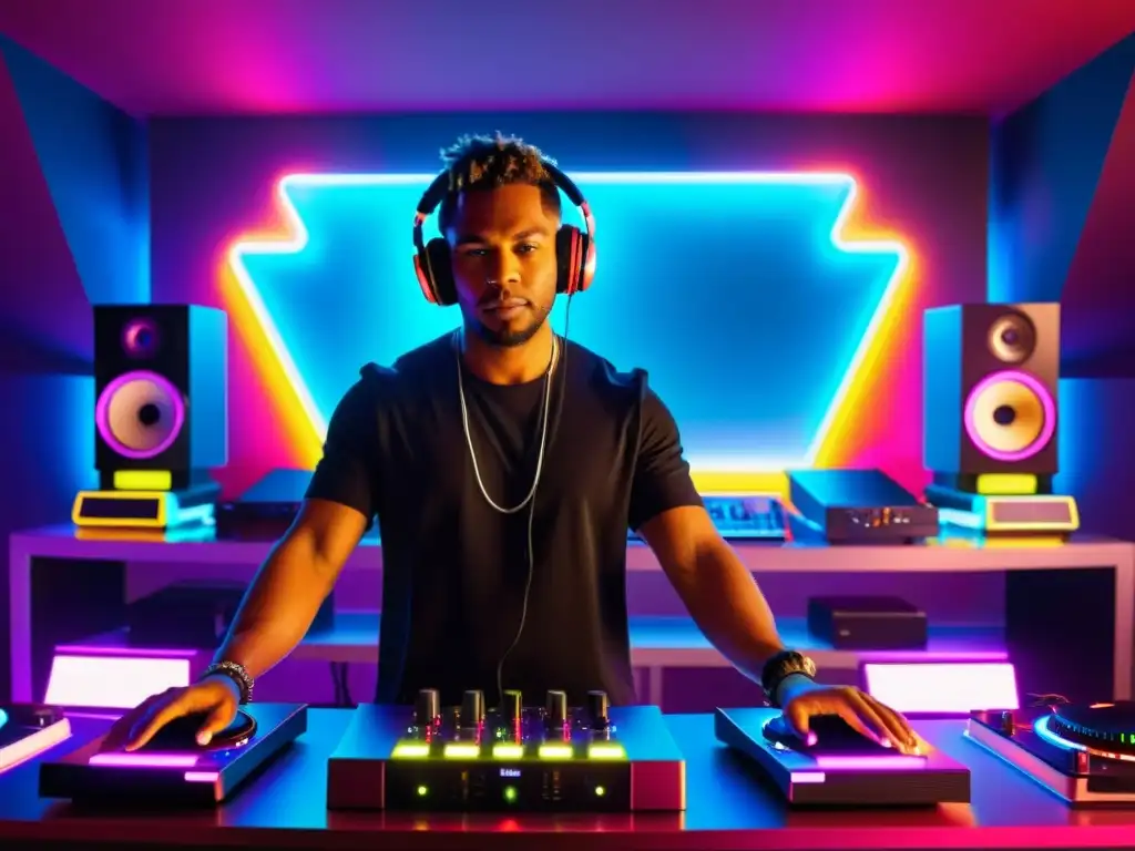 Un DJ en un estudio futurista con equipos de música digital y luces de neón