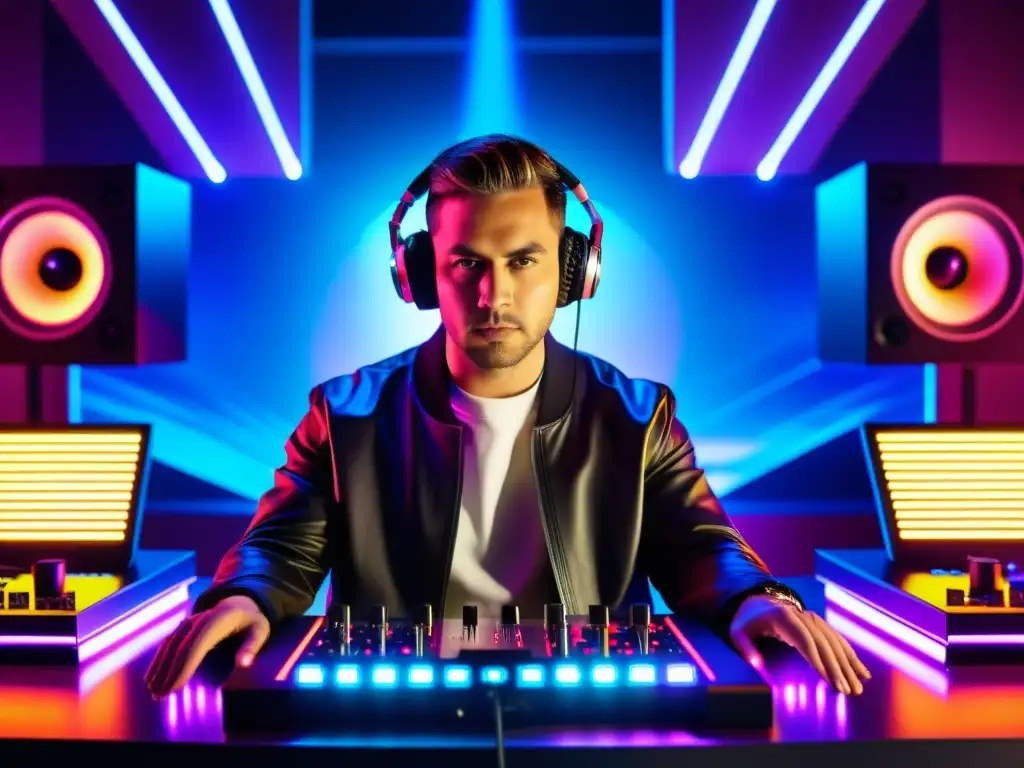 DJ en estudio futurista, creando música original con equipo de vanguardia y luces LED vibrantes