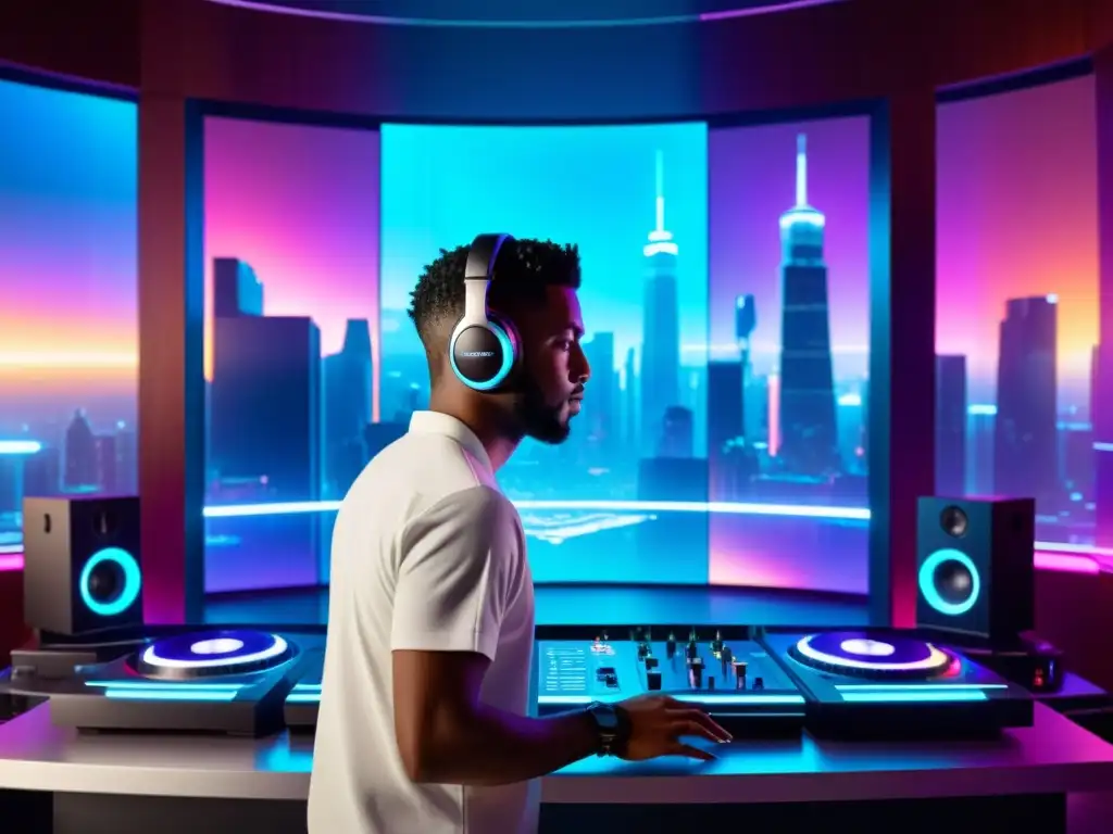 Un DJ en un estudio futurista rodeado de equipos de mezcla digital, con hologramas de formas de onda y instrumentos virtuales flotando en el aire