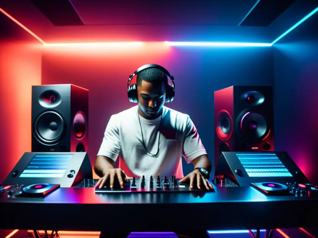 Un DJ trabajando en un estudio futurista, rodeado de equipos de música electrónica de vanguardia