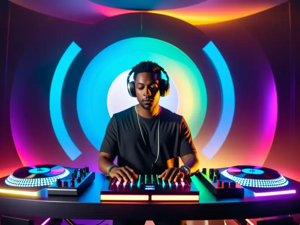 Un DJ en un estudio con luces de colores, mezclando música en un equipo futurista