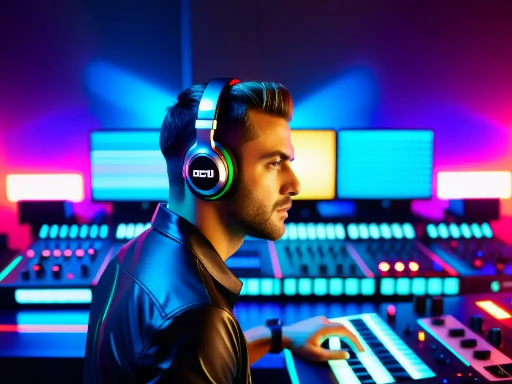 Un DJ mezcla música en un estudio moderno con luces vibrantes