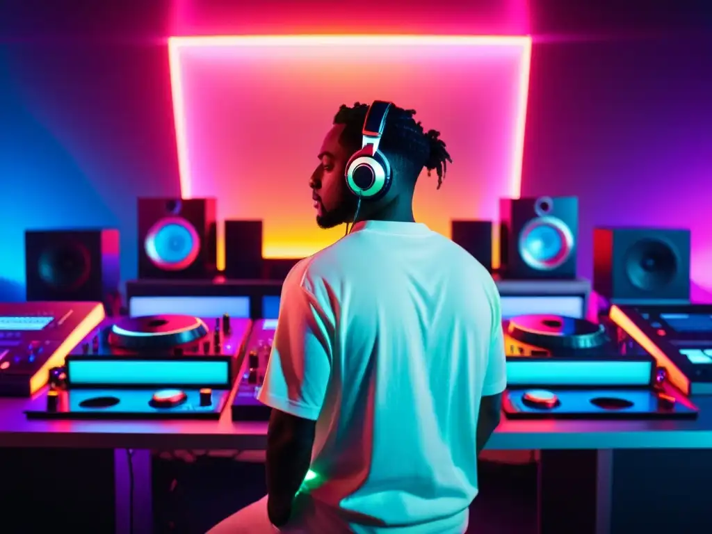 Un DJ en un estudio moderno, creando un remix con cuidado