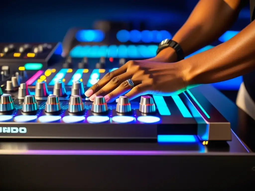 El DJ experto ajusta botones y deslizadores en una consola futurista, iluminada con luces LED vibrantes