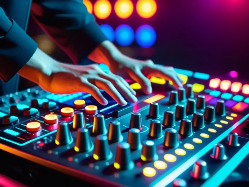 Un DJ experto ajusta botones y deslizadores en una mesa de mezclas de alta tecnología en un club oscuro, con luces LED coloridas iluminando el equipo