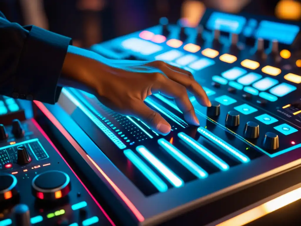 Un DJ experto ajusta controles en una consola futurista mientras crea música electrónica original