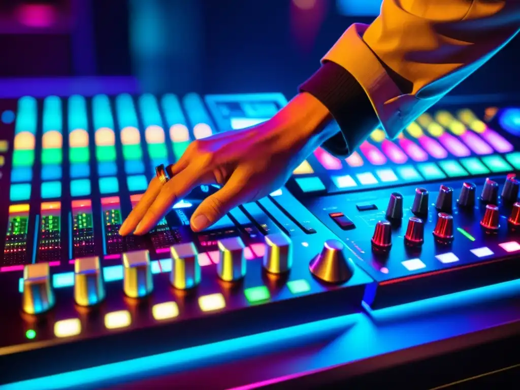 Un DJ experto ajusta los controles de una consola moderna, con ondas de audio vibrantes en pantallas digitales