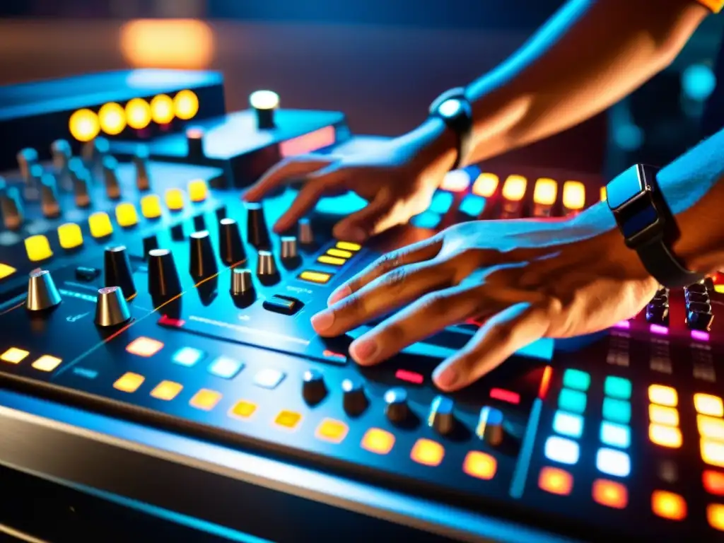 Un DJ experto ajusta controles en una moderna consola de mezclas, creando una atmósfera dinámica