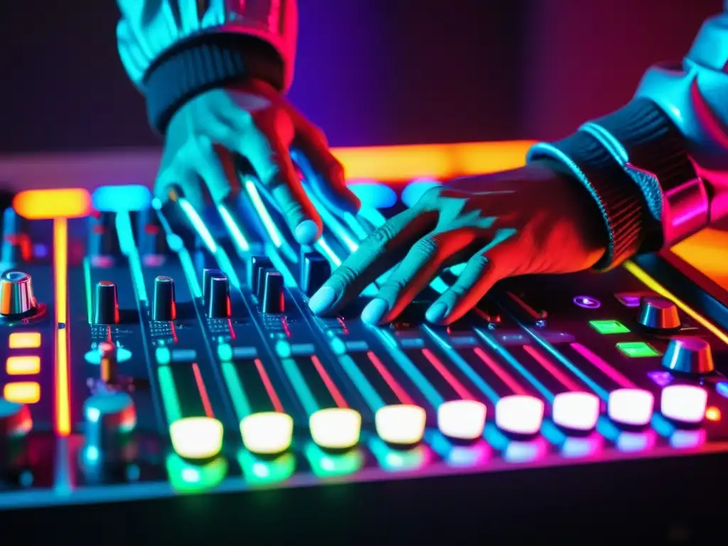 Un DJ experto manipula con precisión un complejo panel de sonido en un estudio minimalista, con ondas de sonido neón
