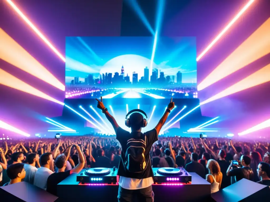 DJ en festival de música electrónica con luces vibrantes y pantalla LED, creando una atmósfera electrificante