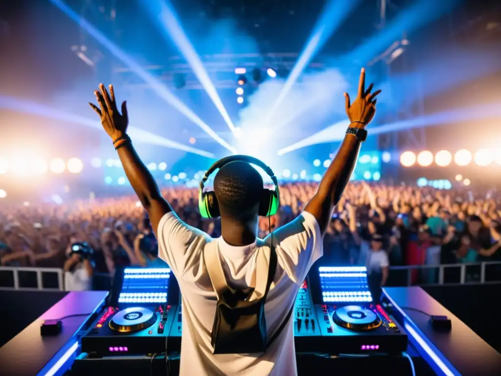 Un DJ en un festival de música electrónica, rodeado de luces deslumbrantes y fans eufóricos