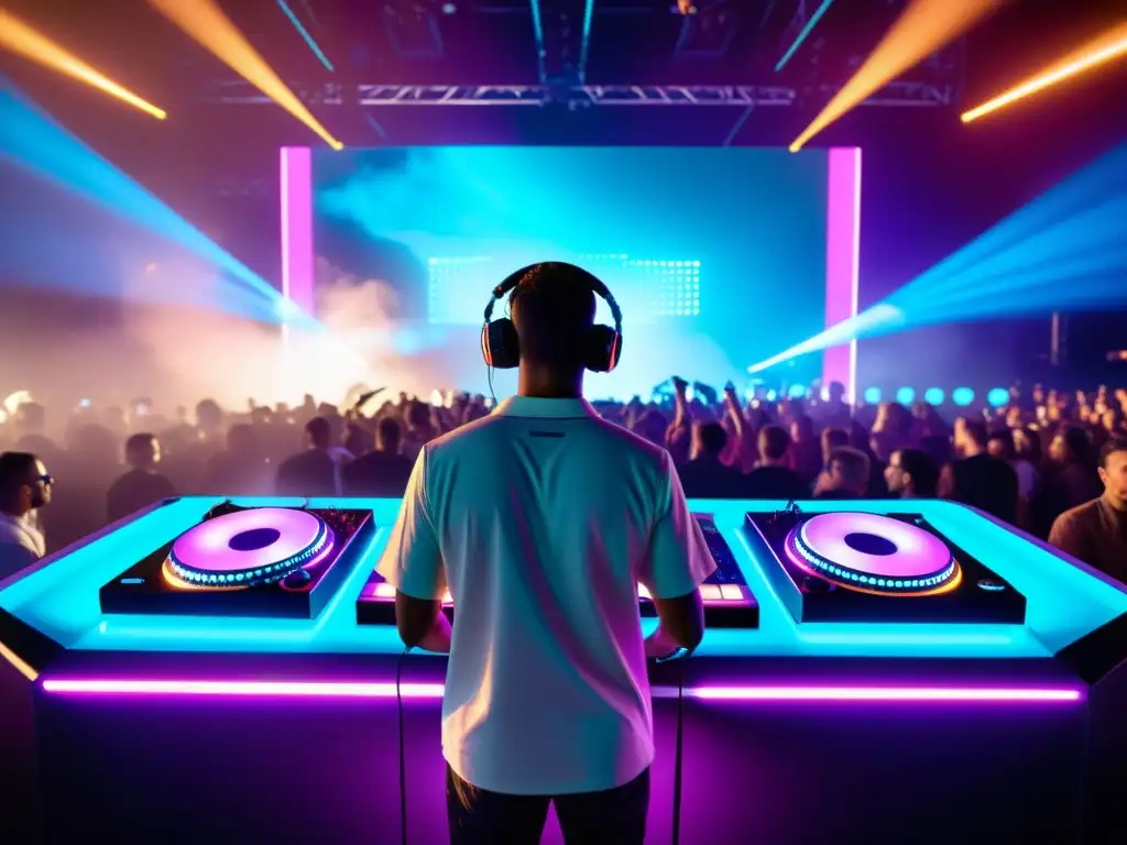 DJ en festival de música electrónica con tecnología avanzada y luces neón, reflejando los derechos de sincronización en música electrónica