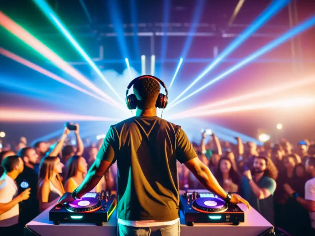 Un DJ actúa en un festival de música con luces coloridas y láseres, mientras la multitud baila al ritmo de la música
