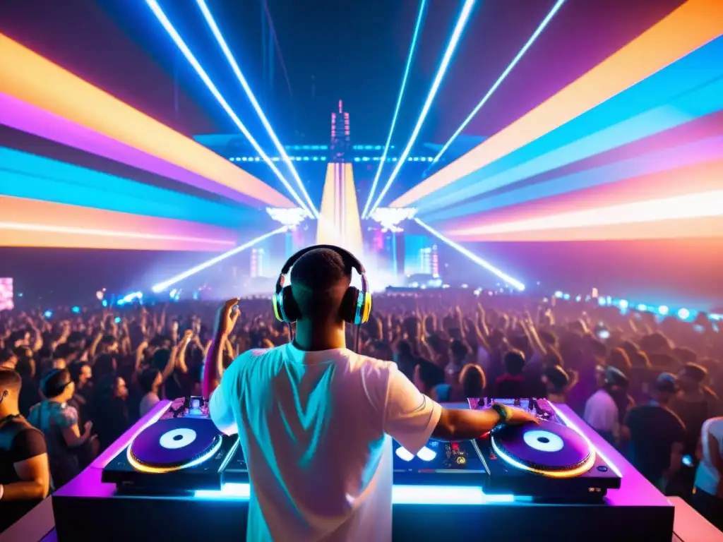 Un DJ en un festival de música, rodeado de luces coloridas y láseres, mientras la multitud baila