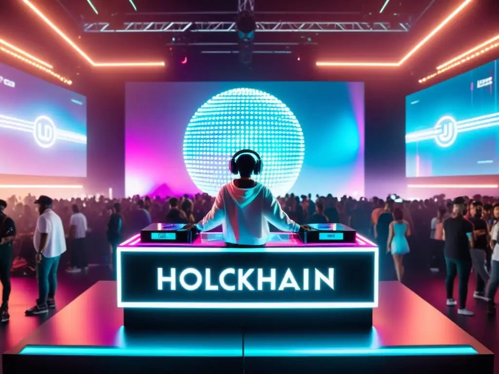 DJ booth futurista con hologramas y multitud en festival de música electrónica, rodeado de luces neón, blockchain y derechos de autor