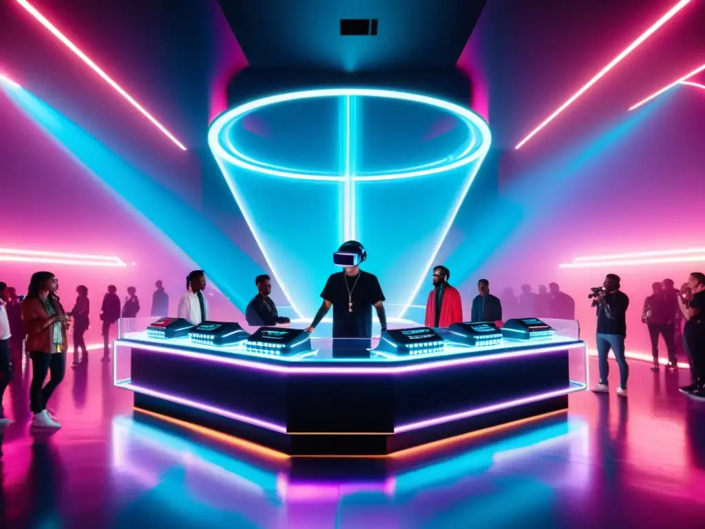 DJ booth futurista con hologramas y pantalla transparente mostrando transacciones blockchain de derechos de autor de música electrónica, rodeado de entusiastas con auriculares de realidad virtual y ropa futurista