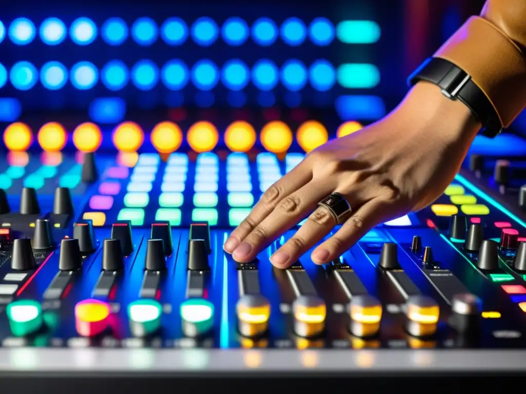 Un DJ mezcla con pasión y precisión en una mesa de mezclas, resaltando la legalidad de remixes y samples en la música moderna