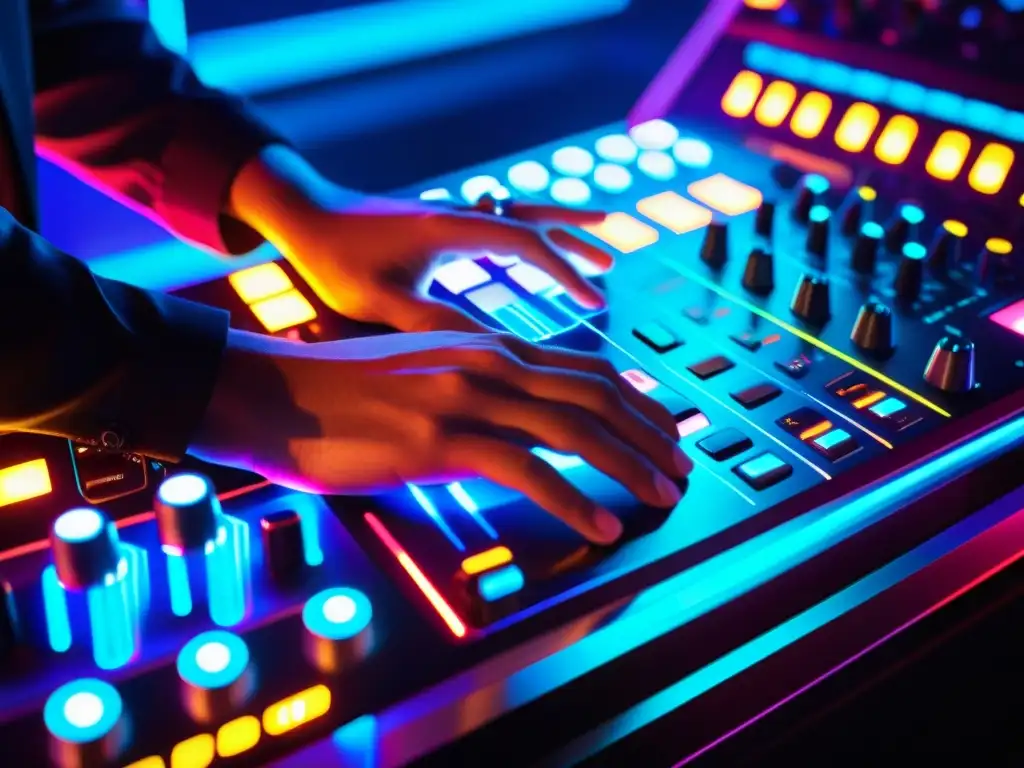 Un DJ manipula un mezclador digital de alta tecnología con luces vibrantes y botones futuristas