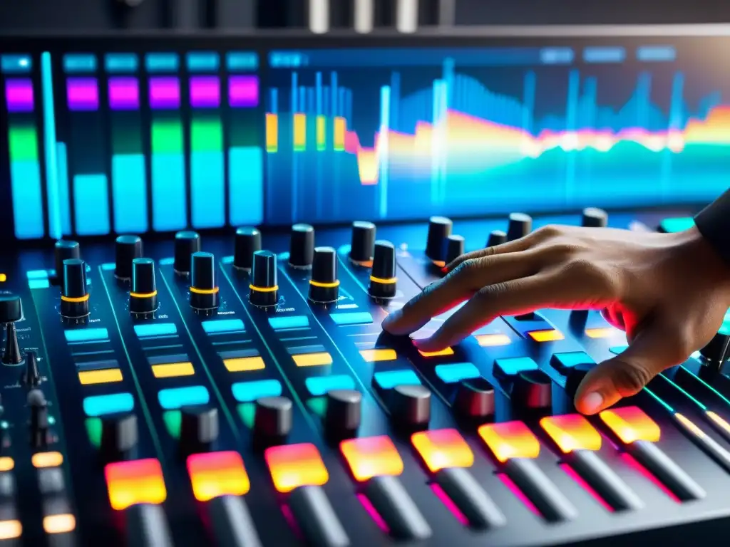 Un DJ manipula una moderna mesa de mezclas, con ondas de audio vibrantes, capturando la legalidad de remixes y samples en la industria musical moderna