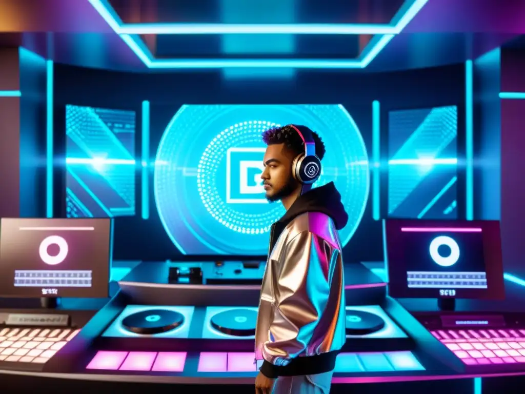 DJ creando música electrónica en un estudio futurista con pantallas holográficas mostrando código blockchain y símbolos de derechos de autor