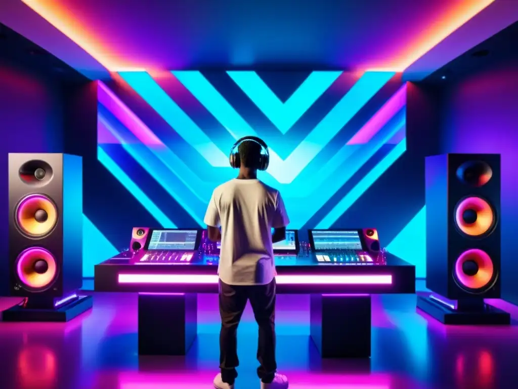 Un DJ crea música electrónica en un estudio futurista, rodeado de equipo avanzado y luces LED coloridas, reflejando innovación y pasión