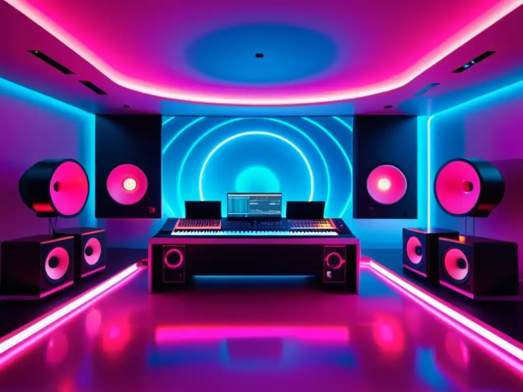 DJ creando música en estudio futurista con luces neón y equipo de vanguardia