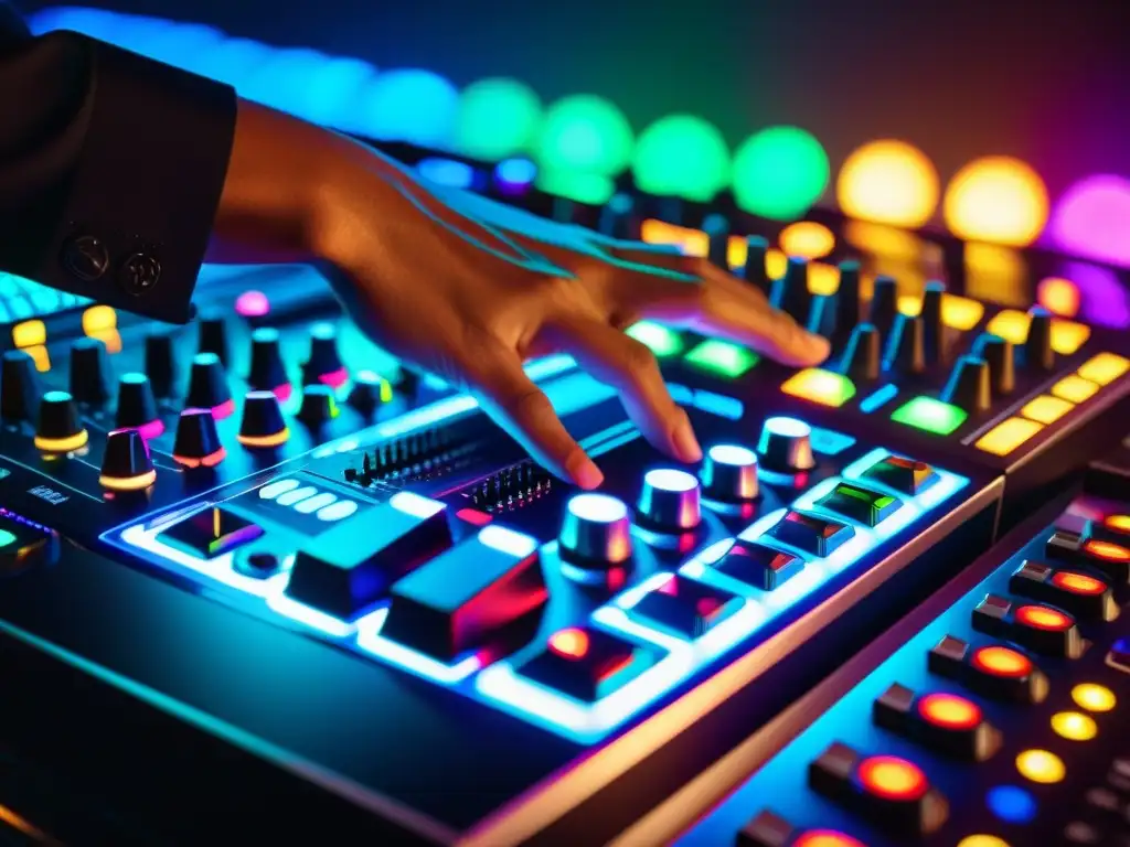 Un DJ ajusta perillas y deslizadores en una consola de mezclas de alta tecnología mientras las luces LED reflejan en la superficie brillante
