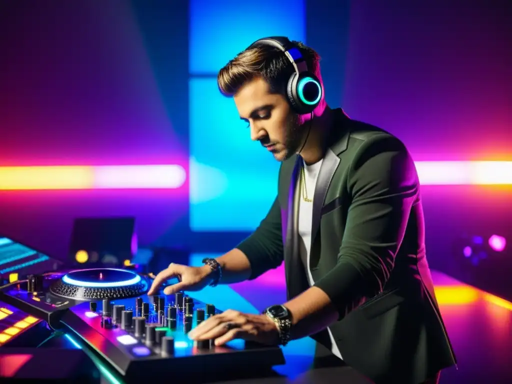 Un DJ profesional concentra su creatividad en el estudio, rodeado de tecnología moderna e iluminado por luces LED coloridas