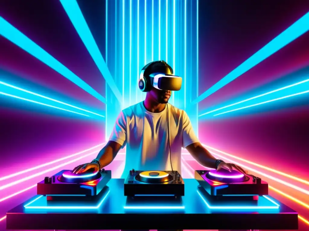 DJ futurista en realidad virtual con luces neón Un DJ en realidad virtual con luces neón y hologramas, en una ciudad tecnológica