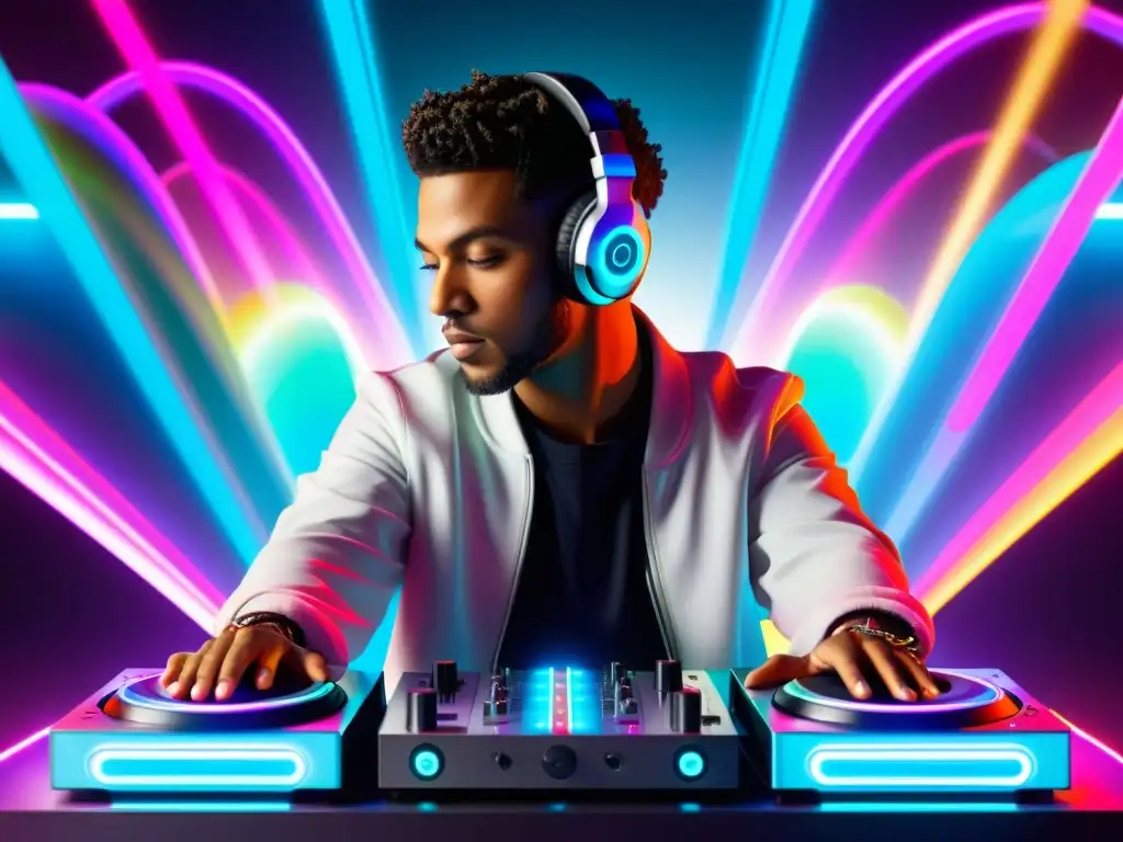 Un DJ rodeado de equipo holográfico, con luces de neón vibrantes y energía dinámica