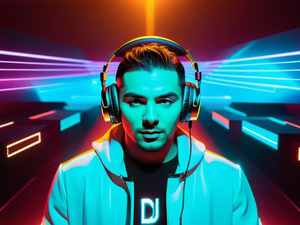 Un DJ rodeado de proyecciones holográficas, luces neón y código blockchain, fusionando música electrónica y tecnología