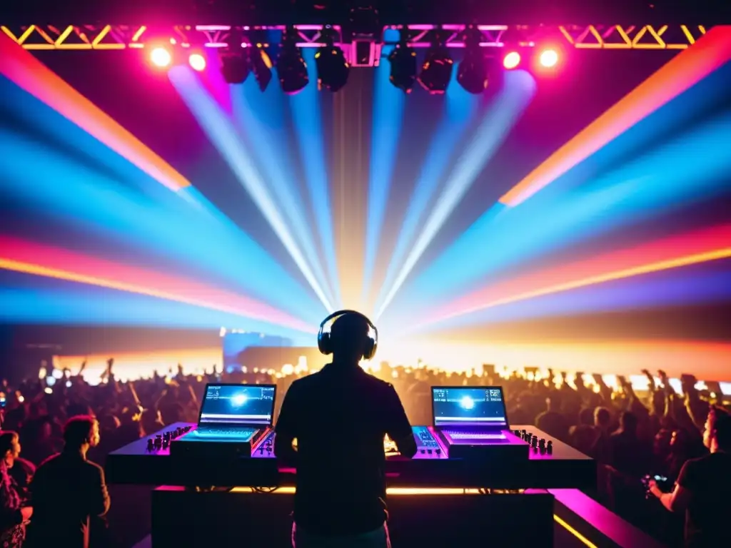 Un DJ ofrece un set en vivo, rodeado de equipo de última generación, mientras una deslumbrante luz ilumina a la audiencia