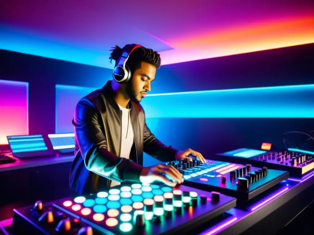 DJ ajustando sonido en estudio moderno con equipo electrónico y luces LED coloridas, creando atmósfera energética