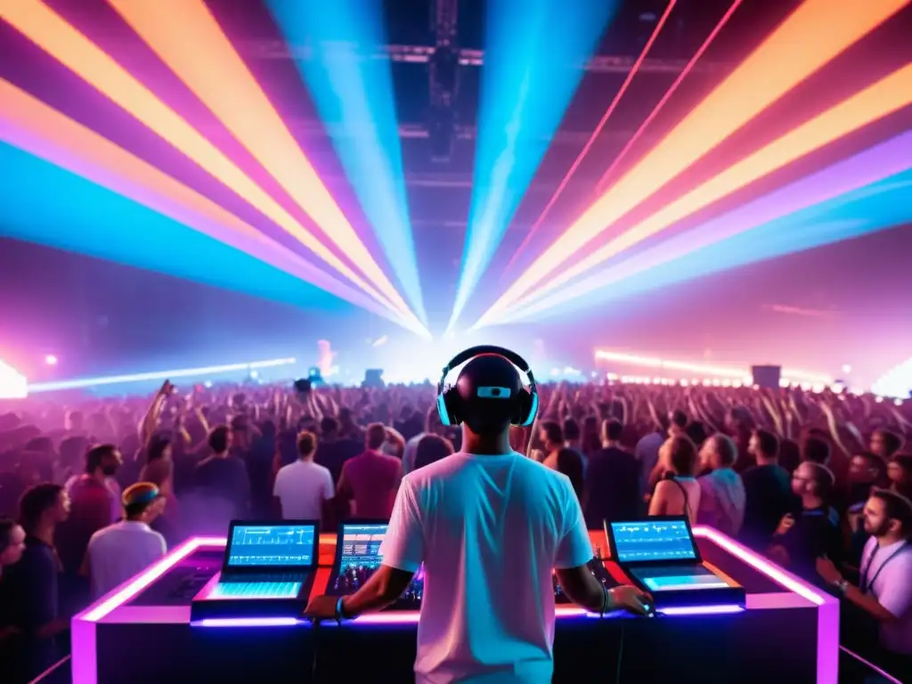 Un DJ en un vibrante festival de música electrónica, rodeado de luces coloridas y una multitud extasiada