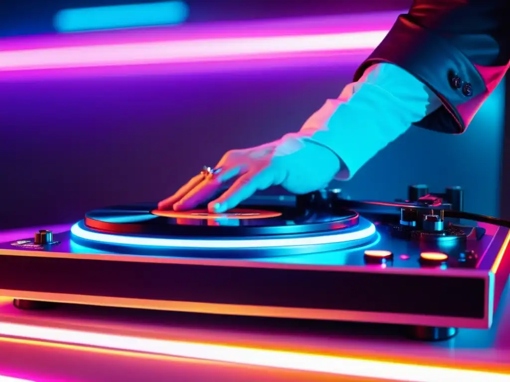 Un DJ mezcla vinilos en una mesa futurista con luces neón vibrantes de fondo, capturando la esencia moderna de la música y los eSports