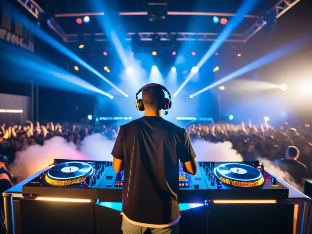 DJs en un festival, rodeados de luces vibrantes, creando una atmósfera dinámica