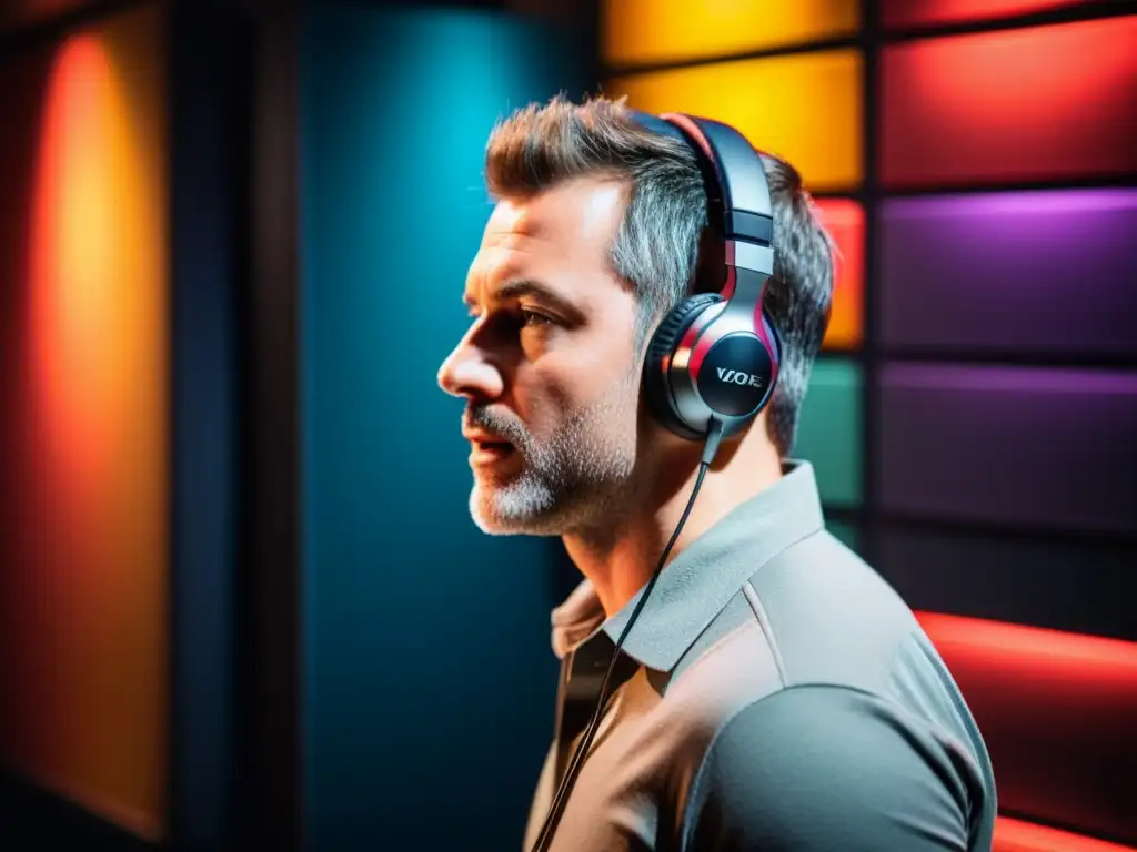 Actor de voz profesional grabando en estudio de alta tecnología Doblaje profesional en estudio de grabación con intensidad y pasión