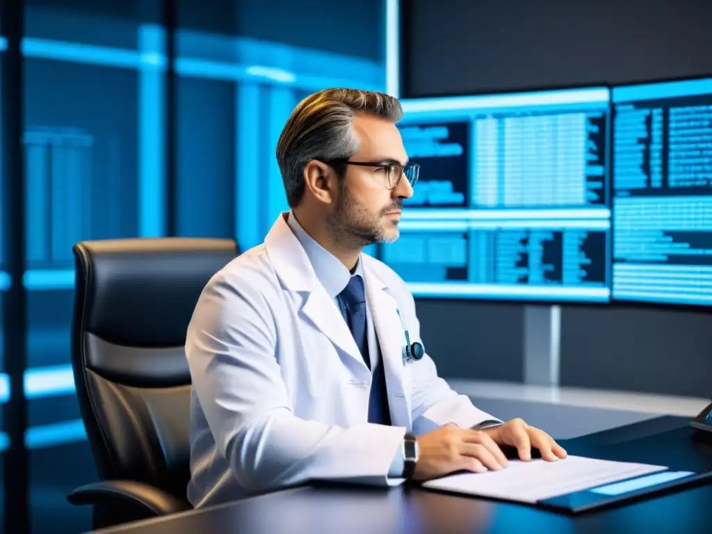Doctor revisa código de software médico en moderna oficina