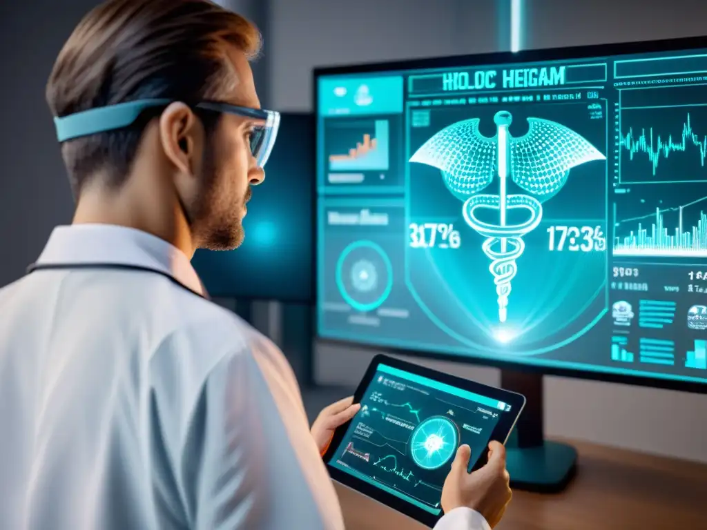 Un doctor analiza datos de salud digital en una interfaz holográfica futurista, con algoritmos médicos en el holograma