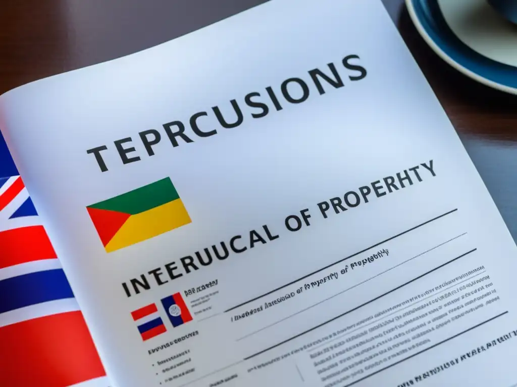 Documento de acuerdo comercial internacional moderno con la frase 'Repercusiones del ADPIC en propiedad intelectual' destacada, rodeado de banderas de varios países
